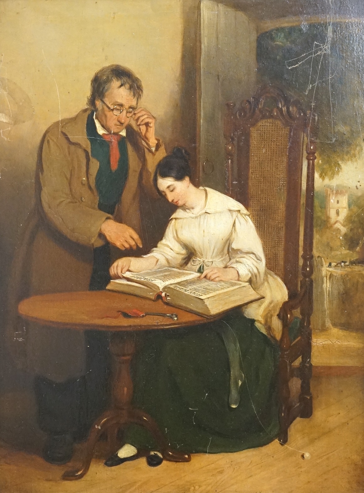 19th century, English School, Interior scene with lady and gentleman reading, unsigned, oil on millboard, 40 x 29cm